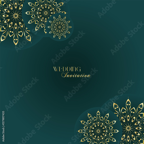Elegant Gold Mandala Wedding Invitation Template on Dark Green Background