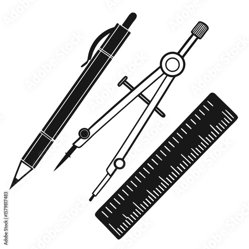 Black silhouette of drafting tools including a compass pen and ruler drawing