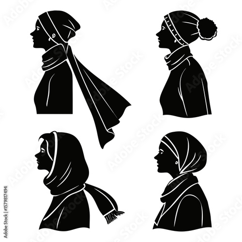 Black silhouette profiles of women wearing headscarves and scarves headscarf scarf