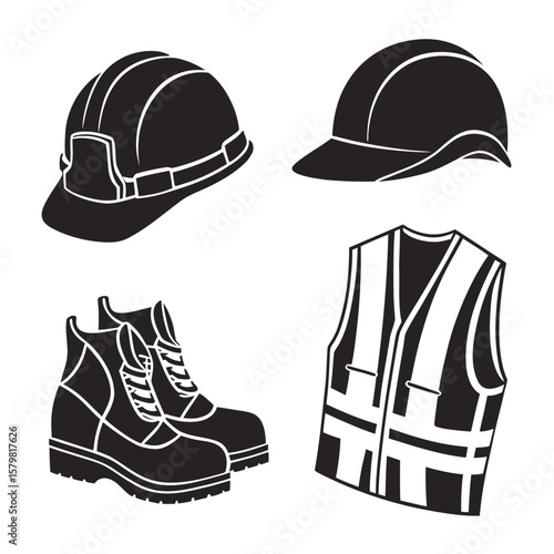 Black silhouettes of construction safety gear helmet boots