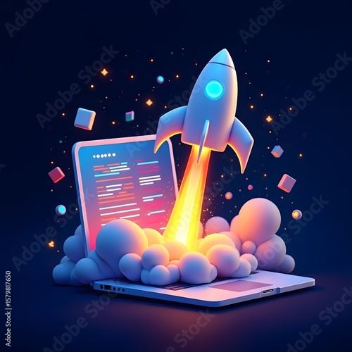 Flat Startup Rocket Launch Illustration – Business Growth Concept
