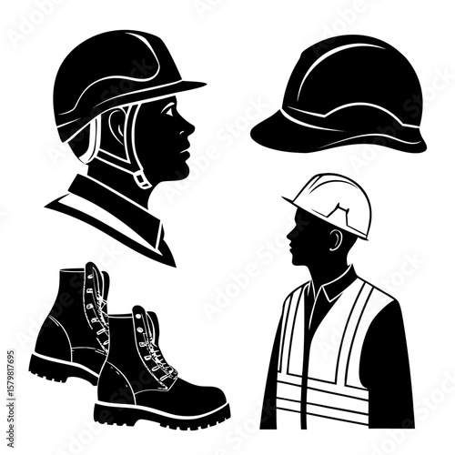 Black silhouettes of construction worker safety gear and headwear helmet boots