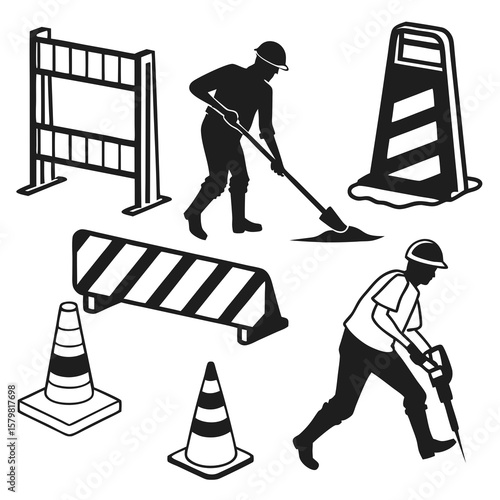 Black silhouettes of construction workers and road safety equipment roadwork barrier