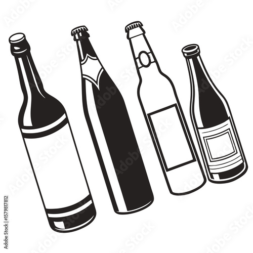 Black silhouettes of four beverage bottles drink alcohol