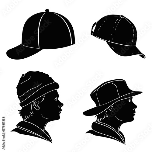 Black silhouettes of four distinct headwear styles fashion fedora