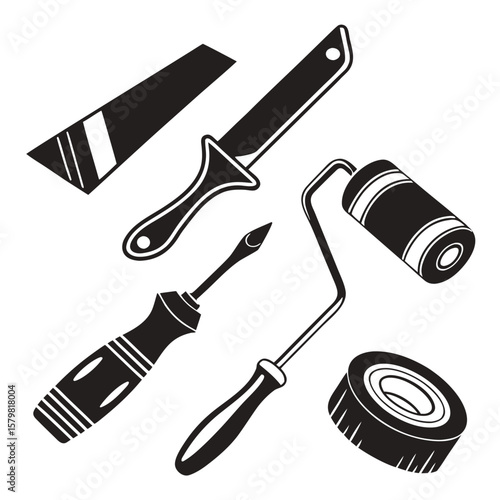 Black Silhouettes Of Paint Rollers And Tools paint brush scraper