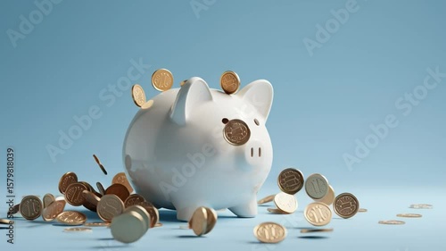 A white piggy bank with coins falling into it against a plain blue background.