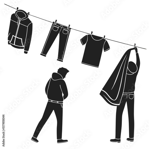 Black silhouettes of people hanging clothes on a line clothing laundry