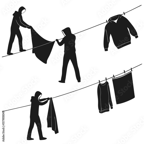 Black silhouettes of people hanging laundry on clotheslines hanging clothes drying clothes