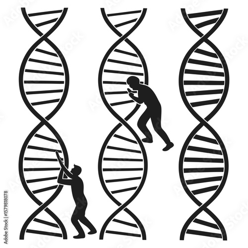 Black silhouettes of people interacting with D N A strands double helix science
