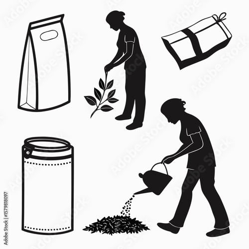 Black silhouettes of people tending plants and packaging tea watering harvesting