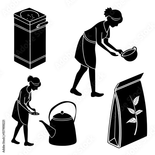 Black silhouettes of tea preparation and packaging sachet