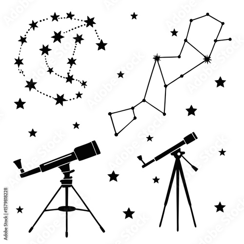 Black silhouettes of telescopes and constellations against white background astronomy