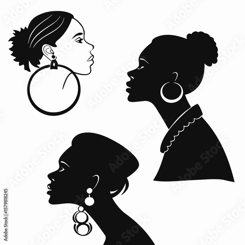 Black silhouettes of women profiles wearing hoop and stud earrings white female