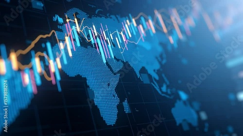 A digital world map overlaid with colorful financial stock market graphs and data visualizations.