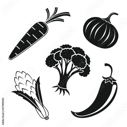 Black vegetable silhouettes carrot pumpkin cauliflower chili leek chili pepper