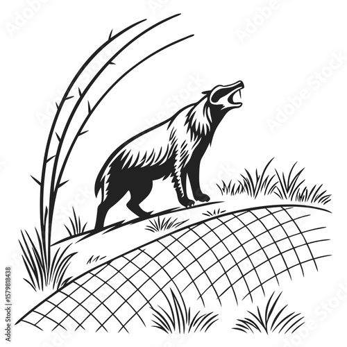 Black wolf howling near thorny branches and grid animal nature