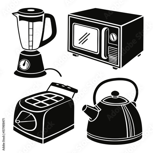 Blender microwave toaster kettle silhouettes kitchen appliances