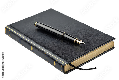 Luxury writing tools. Black leather journal and gold fountain pen.