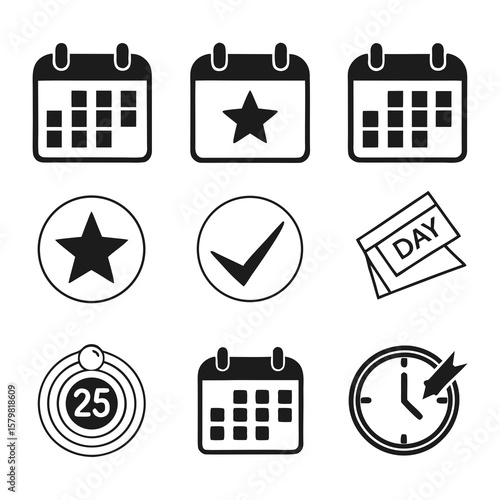 Calendar and date marker icons star checkmark day clock number vector