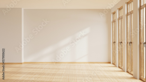 Fotografie Bright and minimalist empty room featuring light wooden floors and clean, neutra