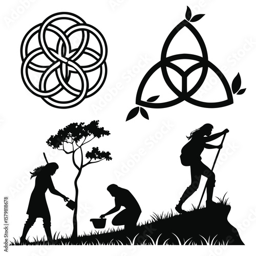 Celtic knot and nature symbols with hikers and gardeners triquetra hiking