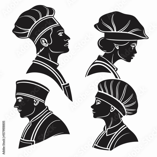 Chefs in profile wearing traditional hats and aprons culinary cooking