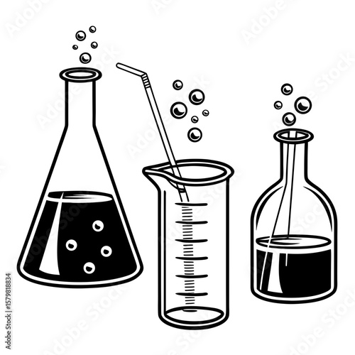 Chemistry laboratory glassware with bubbling liquids flasks beakers