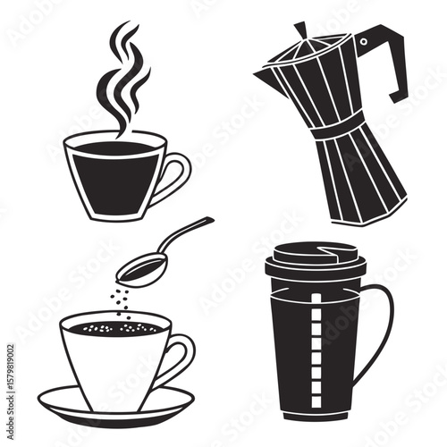 Coffee cup and moka pot silhouettes steam spoon