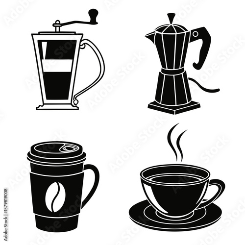 Coffee preparation and serving icons grinder moka pot