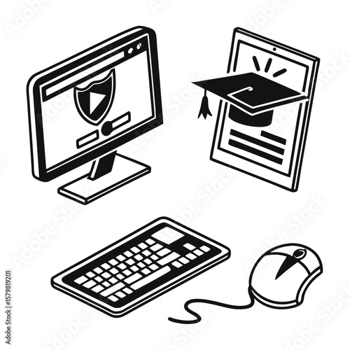 Computer tablet keyboard mouse graduation cap online learning icons vector