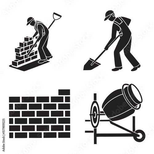 Construction worker building wall with bricks and cement mixer builder bricklayer