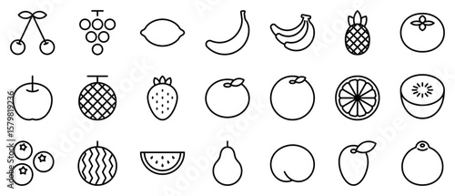 フルーツ　アイコン　線画　セット　シンプル　黒　線　ベクター