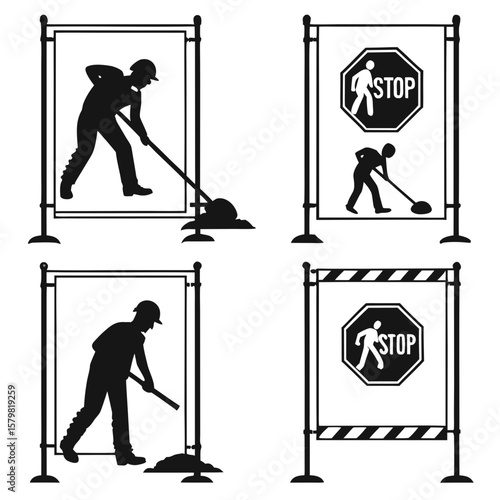 Construction workers and stop signs on stands shovel digging