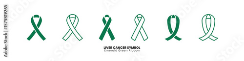 A set of emerald green ribbon icons and symbols for liver cancer awareness, ideal for health, medical, and charity campaigns