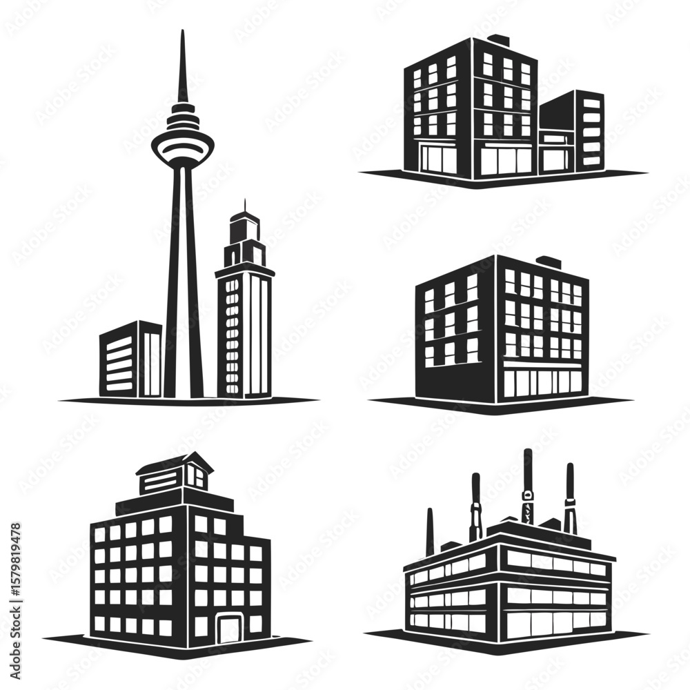 Fototapeta premium Diverse city structures and industrial buildings collection architecture skyscraper