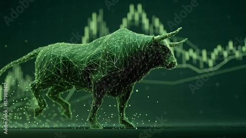 A digital wireframe bull charges forward with rising stock market graph lines in the background.