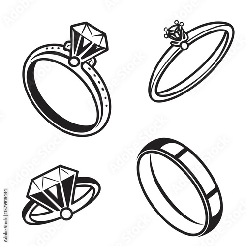 Diamond solitaire band wedding engagement ring icons vector