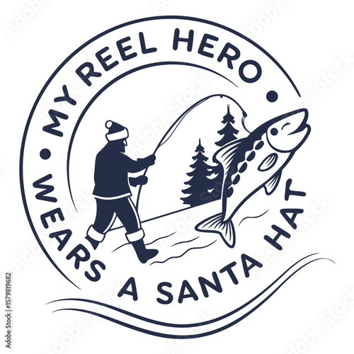Winter Fishing Logo with Santa Hat Fisherman and Jumping Fish Graphic