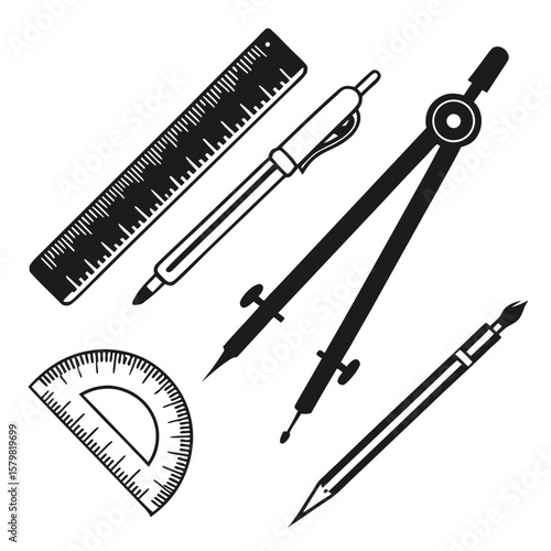 Drafting tools ruler compass protractor pen vector