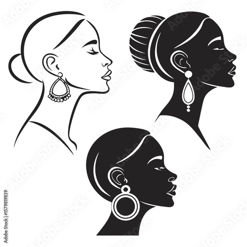 Elegant female profiles adorned with ornate earrings silhouette faces