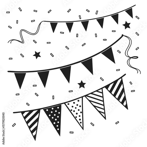 Festive bunting flags and confetti with stars party celebration