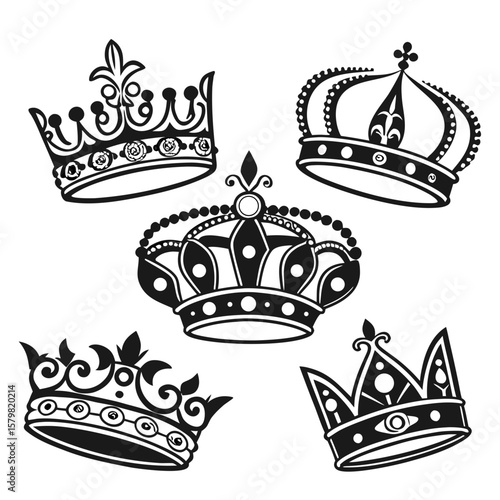 Five ornate black crown silhouettes with detailed embellishments royal regal