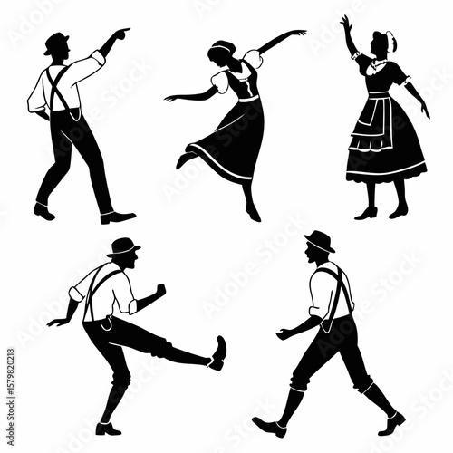 Folk dancers in traditional attire performing poses traditional clothing silhouette