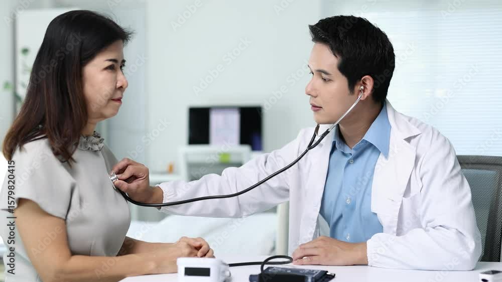 Doctor examining patient's chest with stethoscope in medical office, evaluating her respiratory health during a routine checkup. Doctor examining patient's chest with stethoscope in medical office, evaluating her respiratory health during a routine checkup.