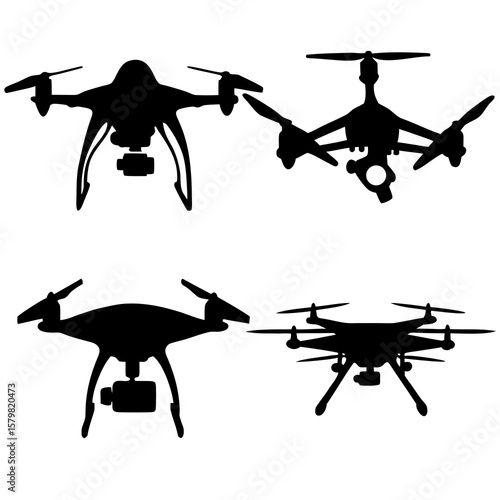 Four black drone and quadcopter silhouettes with cameras aerial vehicle unmanned aerial vehicle