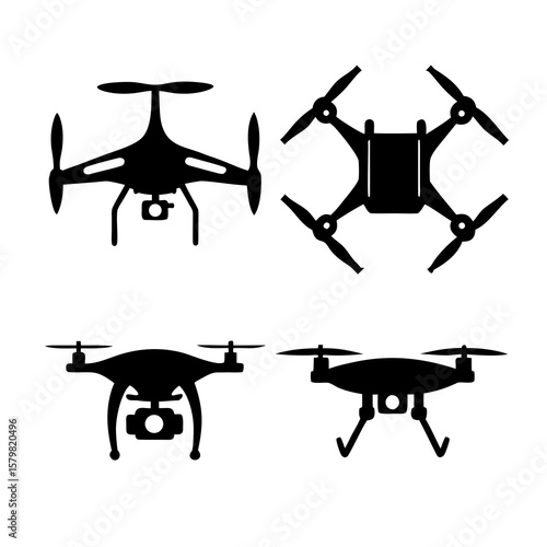 Four Black Drone Silhouettes With Cameras quadcopter aerial vehicle