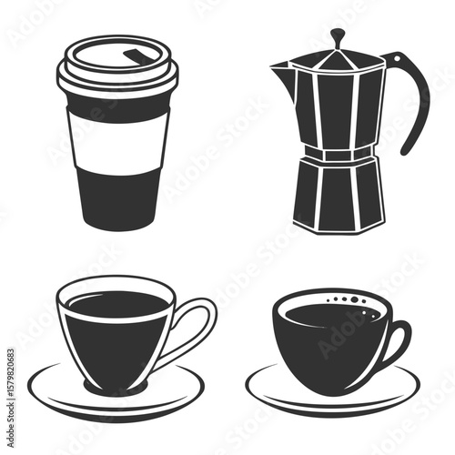 Four coffee icons including takeaway cup and moka pot espresso