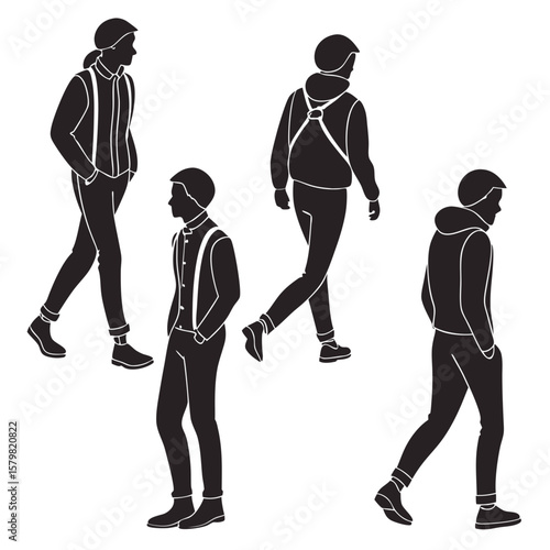 Four male silhouettes walking wearing casual clothing vector
