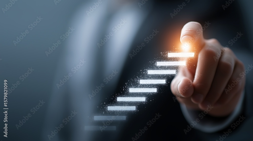 © MST BEGOM - Businessman s finger touching glowing digital stairs representing career growth and success © MST BEGOM - Businessman s finger touching glowing digital stairs representing career growth and success